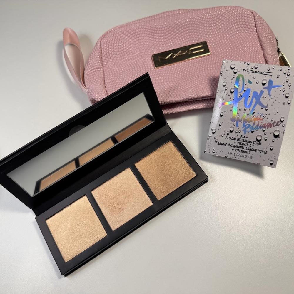 3 pc set MAC highlighter palette w/ gold coasting, fix magic radiance & pink bag